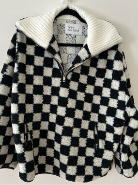 Sofie The Label Black and White Checkered Half-Zip Sherpa Sweater